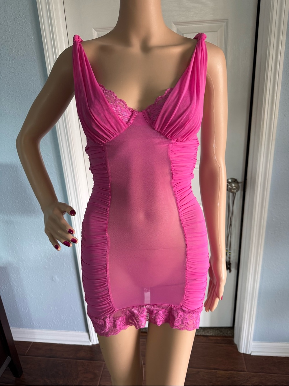Frederick's of Hollywood Hot Pink Sheer Lace Chemise